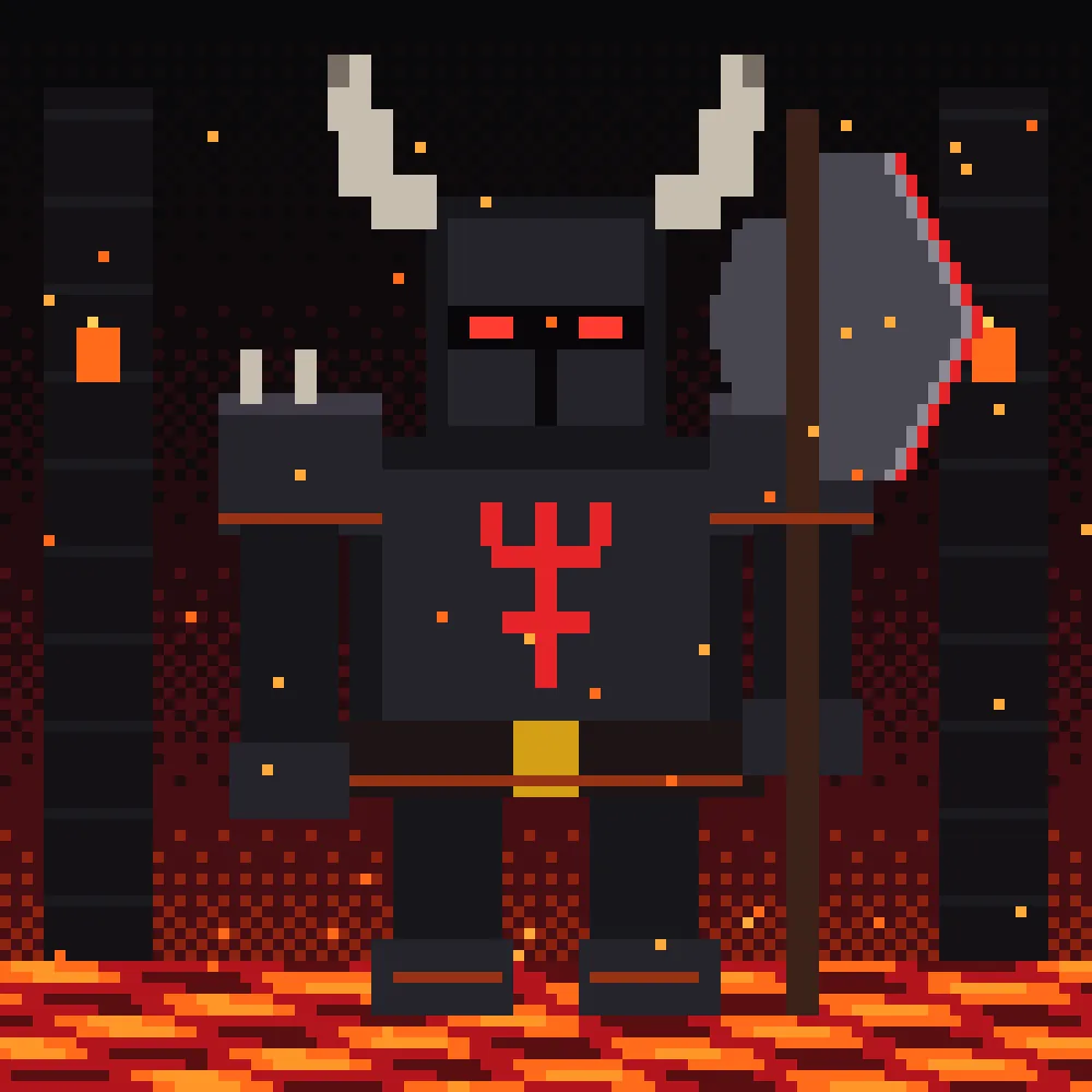 A giant armored warlord boss with horns, glowing red eyes and a battle axe, standing in a lava-lit dungeon arena